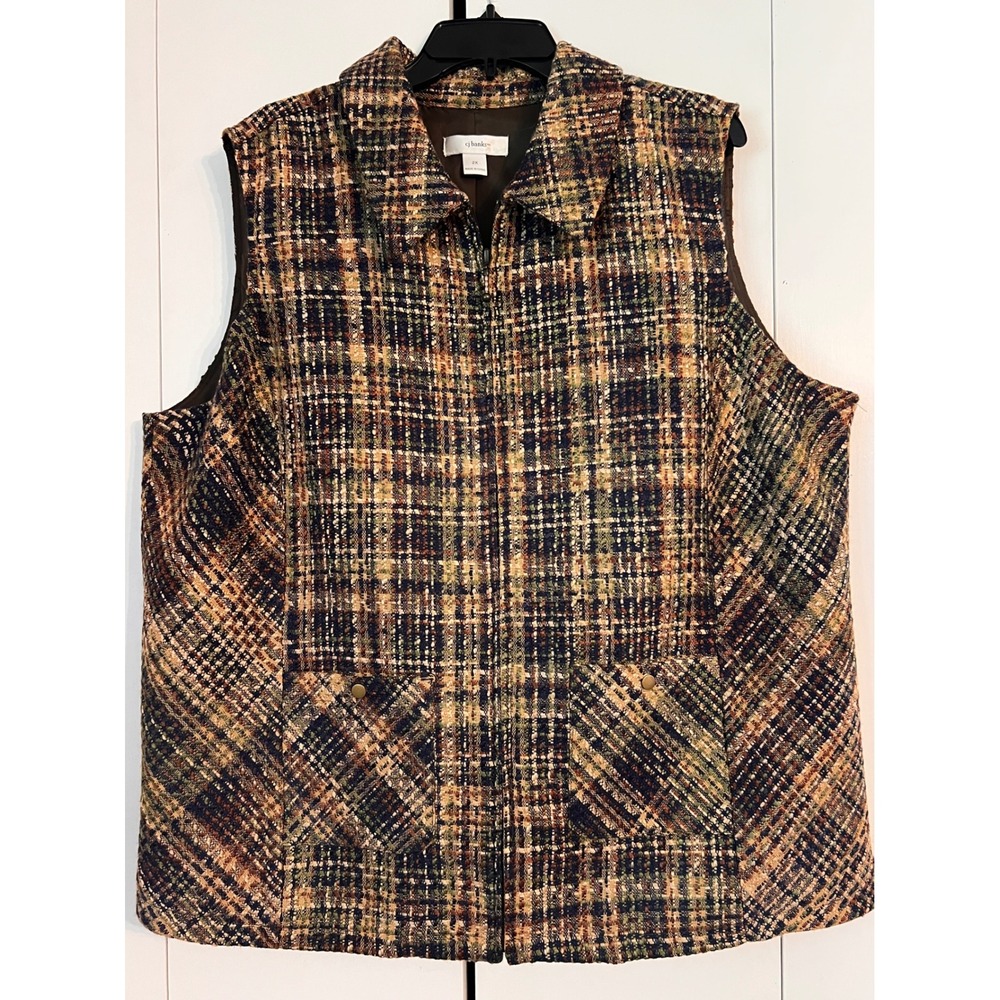 CJ Banks Cottagecore 2X Tweed Plaid Zip Up Vest Brown Green Gold Lined Pockets